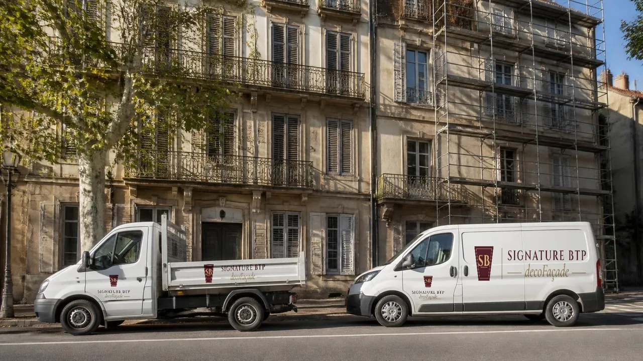 Petit camion benne et utilitaire blancs marqués du logo SIGNATURE BTP decoFaçade, stationnés devant un immeuble ancien en cours de rénovation