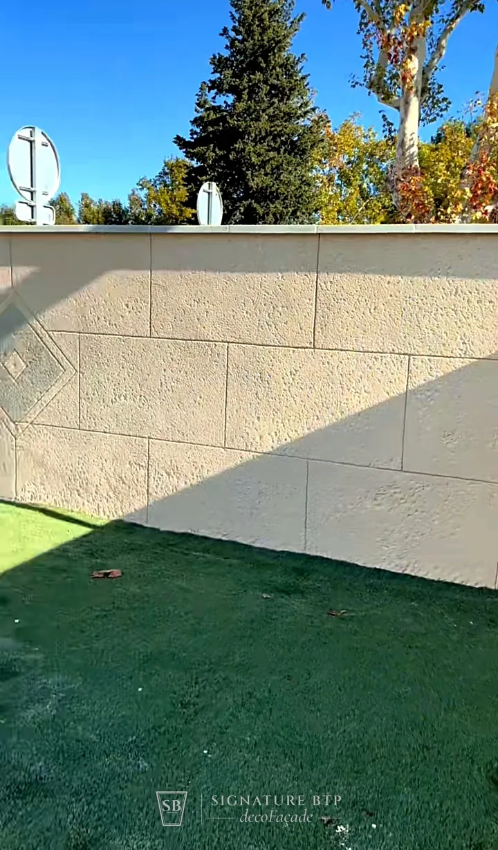 Mur de clôture en pierre de taille avec motif en losange, pelouse au premier plan