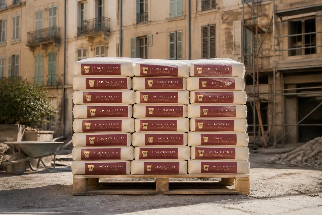Palette de sacs d’enduit marqués du logo SIGNATURE BTP decoFaçade devant un immeuble ancien avec échafaudage